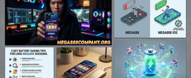 A detailed five-panel visual guide illustrating how to optimize battery life on an iPhone while playing the "Mega888" mobile gaming platform.
