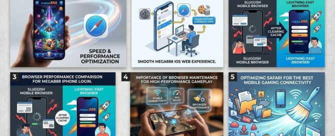 A detailed five-panel visual guide illustrating the steps and benefits of optimizing the Safari browser on an iPhone to improve mobile gaming performance, particularly for the "Mega888" platform, ranging from technical comparisons to practical user guides.