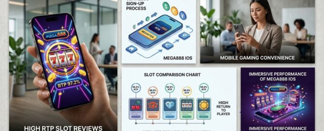 A five-panel collage illustrating the Mega888 mobile gaming experience, from in-game graphics and technical reviews to user guides and immersive gameplay.